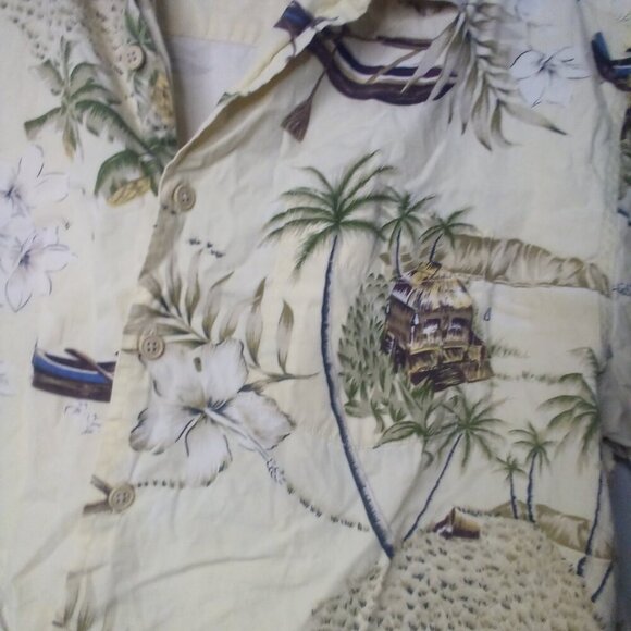 Quicksilver Edition Shirt M Button Up Short Sleeve Hawaiian Tropical Tan Green - Picture 8 of 16